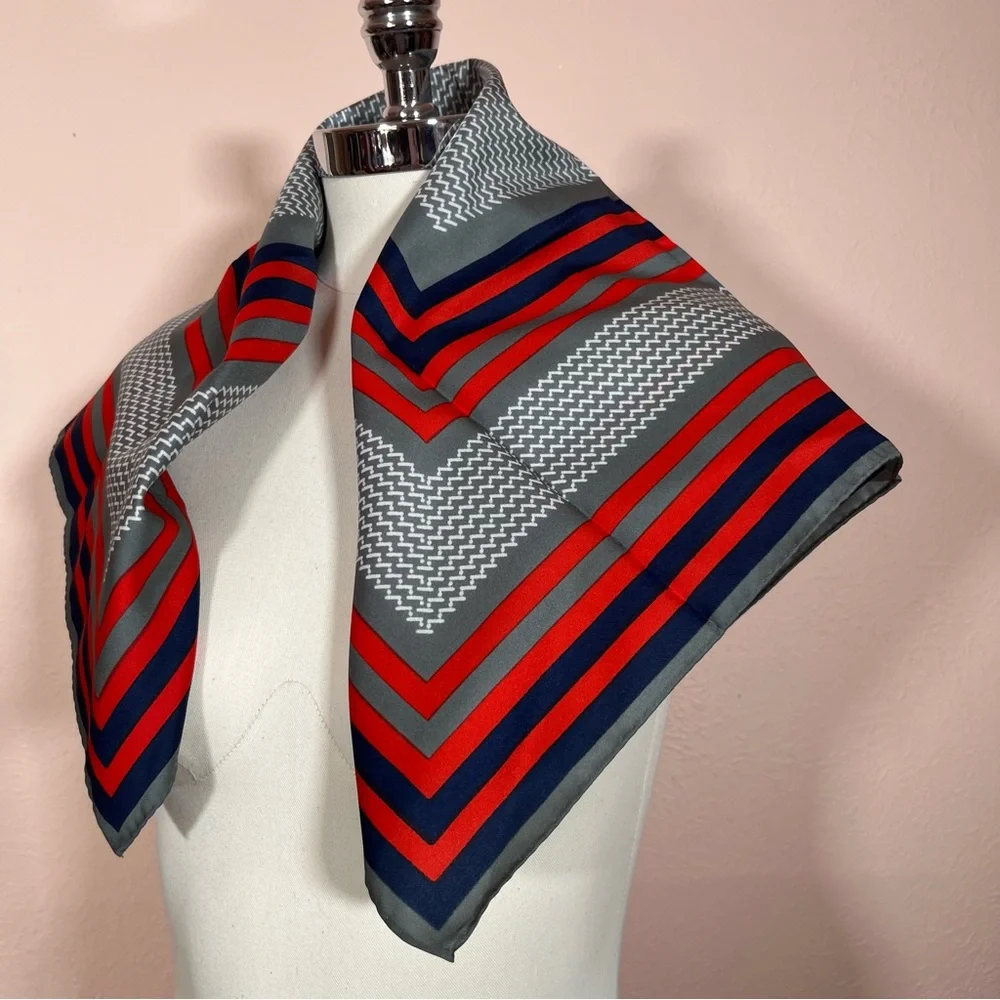 Vintage 1970 Mod Red Grey Art deco Geometric Striped Nautical  Square Scarf